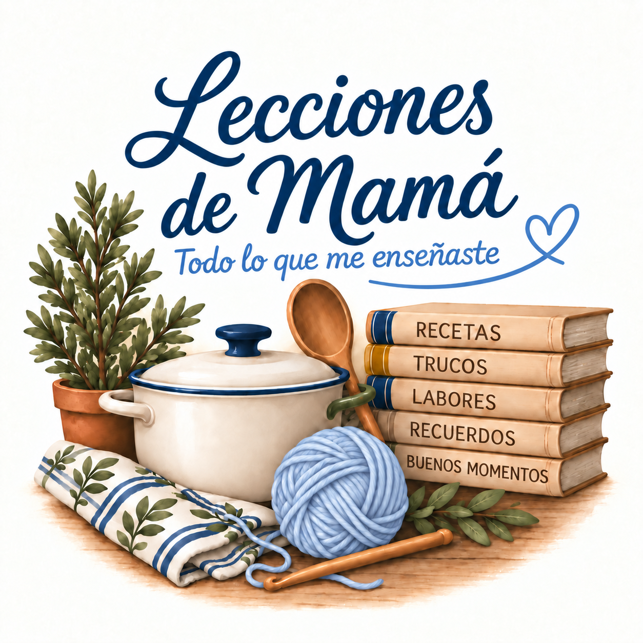Ilustración de Lecciones de Mamá con una olla, libros, un ovillo y elementos del hogar